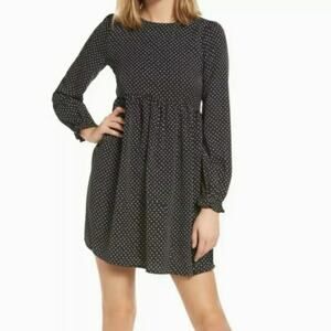 BP. Babydoll Black White Ditsy Dot Shirred Keyhole Empire Waist Mini Dress